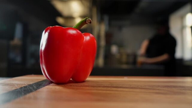 A chef in the kitchen prepares to chop a red pepper, his hands in gloves in the frame.