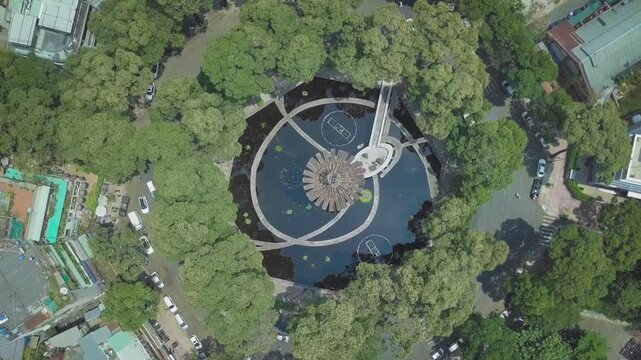 Aerial top-down view of the ho con rua roundabout with its unique lotus-shaped fountain in vietnam
