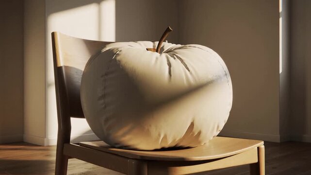 Inflating pale apple cushion puffing up on wooden chair as frames progress, filling seat