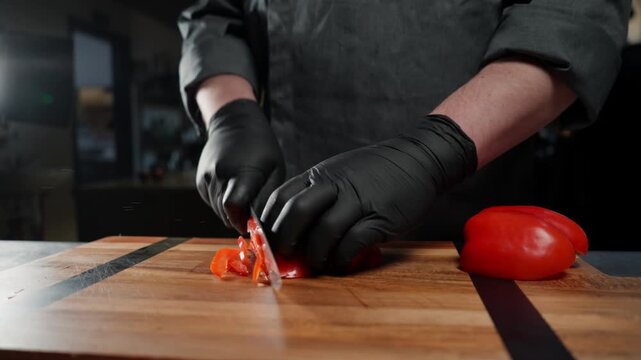 A chef in the kitchen is slicing a red pepper with a knife, his hands are wearing gloves.