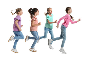 Obraz premium Four girls running on white background. Active children