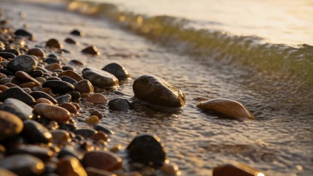 Incoming waves rolling around dark stone on pebble shore, glossing pebbles for design reference