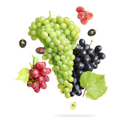 Fototapeta premium Fresh grapes and green leaves falling against white background