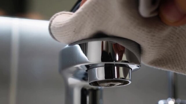 Vertical video: Reaching gloved hand gripping and twisting chrome faucet aerator at sink to clean