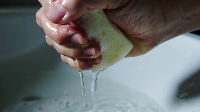 Gripping wet foam sponge, adult male hands squeezing soapy water into sink basin, rinsing sponge