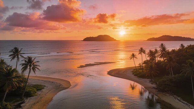 Moving drone revealing sun descending and reflecting on river at sunset, showing sandbars and palms