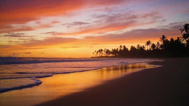Shoreline surf lapping wet sand at sunset, sun lowering changing reflections and palms for travel