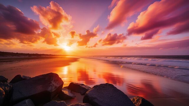 Rising low sun over ocean casting golden reflection on wet sand while waves advancing