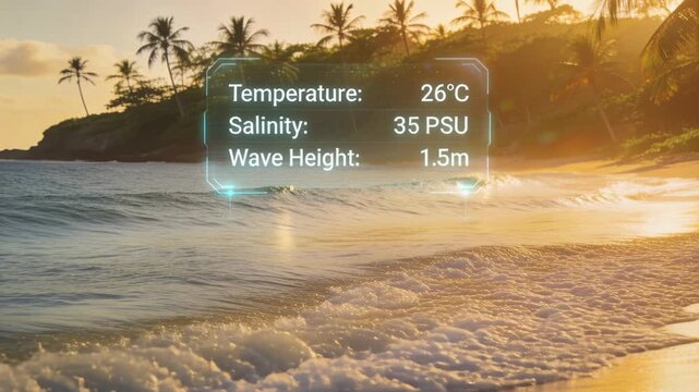 Holo data panel hovering midground updating wave height as incoming swell rising for ocean research