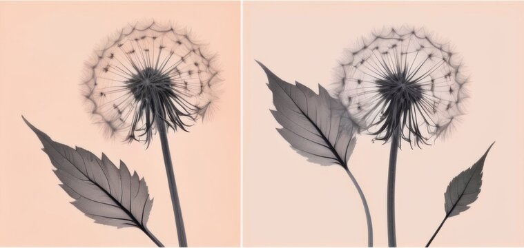 two dandelions on peach background minimalist art with copyspace concept of nature, design, wellness