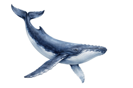 Watercolor humpback whale illustration, blue ocean whale isolated on white background.