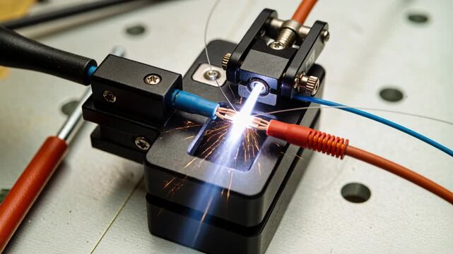 Arc igniting exposed copper conductors melting and fusing on bench fixture, with blue red leads