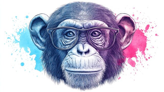 Chimpanzee portrait wearing glasses with colorful watercolor paint splash