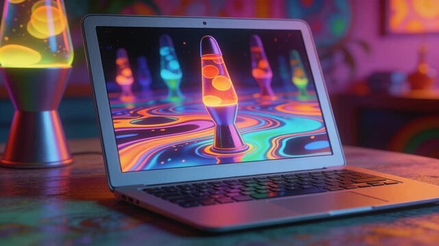 Playing lava-lamp, open laptop showing wax on patterned table for ambiance and lava lamp
