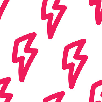 Seamless simple pink lightning bolt pattern on white background. Cute minimalist electric symbol repeat design perfect for fabric prints, packaging, stationery, and branding.