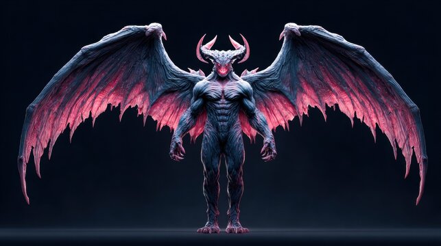 A fearsome demon with large wings stands menacingly against a dark background.