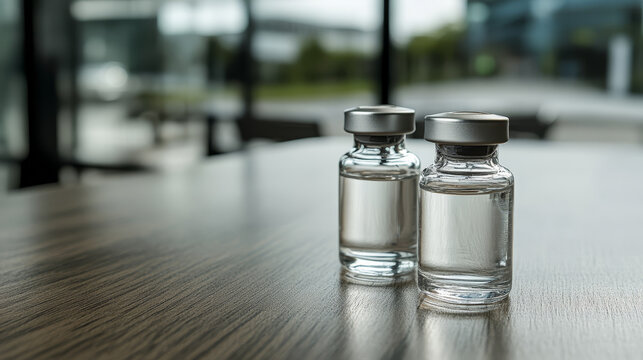 Two clear liquid filled glass vials with silver caps on a wooden table