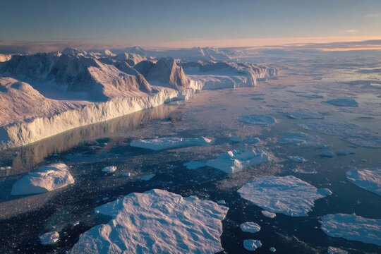 Vista aerea maestosa di iceberg galleggianti e ghiacciai artici al tramonto boreale, paesaggio polare selvaggio.