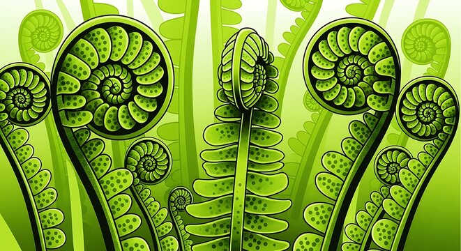 Vibrant Green Fiddlehead Ferns Unfurling in a Lush Stylized Botanical Illustration