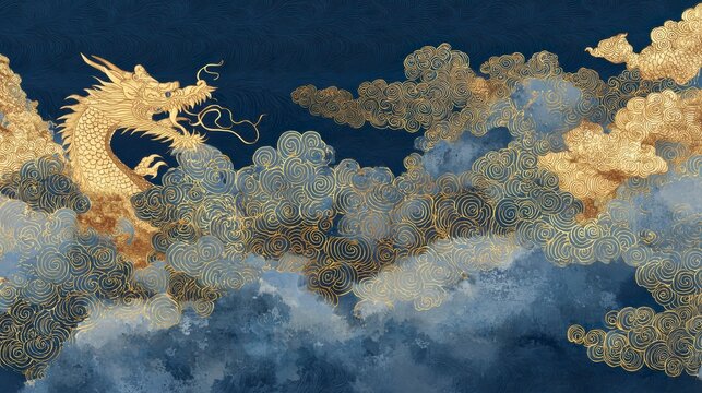 紺碧に映える金箔調の龍と雲、唐代宮廷画風の優雅な和風背景素材