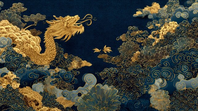 紺碧に映える金箔調の龍と雲、唐代宮廷画風の優雅な和風背景素材