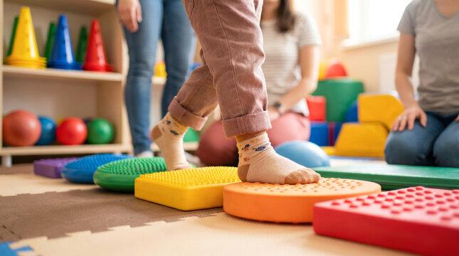 A child practices balance on colorful sensory pads in a therapy room. Adults support and observe the child's movements. This activity aids in physical development and coordination