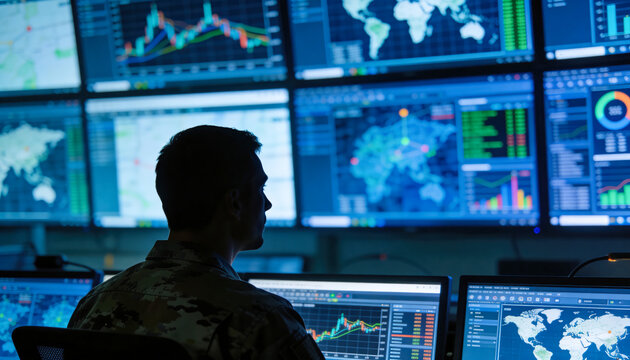 A military analyst sits in a control center focused on various data screens. The analyst reviews and interprets information for strategic decisions and mission support	