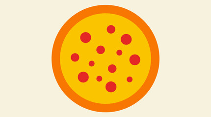 Fototapeta premium Flat design illustration of a whole pepperoni pizza with a golden crust and red toppings on a light background, viewed from above.