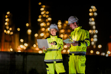 Plakat Industrial teamwork concept. Male and female workers checking data on a computer during a night shift with beautiful glowing bokeh lights of a refinery behind them.