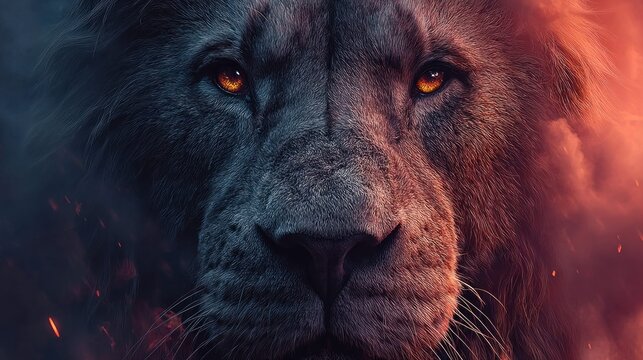 Majestic lion portrait with intense gaze and fiery eyes, a symbol of power