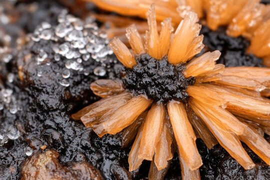 Primo piano di cristalli di ghiaccio su una struttura vegetale secca e scura in un ambiente freddo.