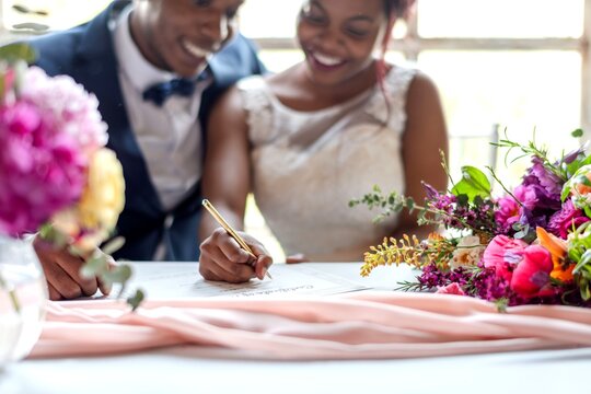 Joyful couple signing marriage certificate