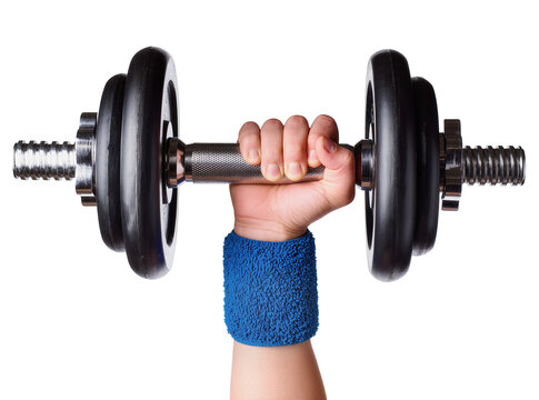 Isolated human hand holding a heavy metal dumbbell with black weights and blue wristband