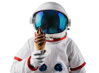 Isolated astronaut in a bright white spacesuit holding a tasty chocolate ice cream cone. © Aoife