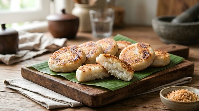 Traditional Indonesian Coconut Pancake Wingko Babat on Wooden Board