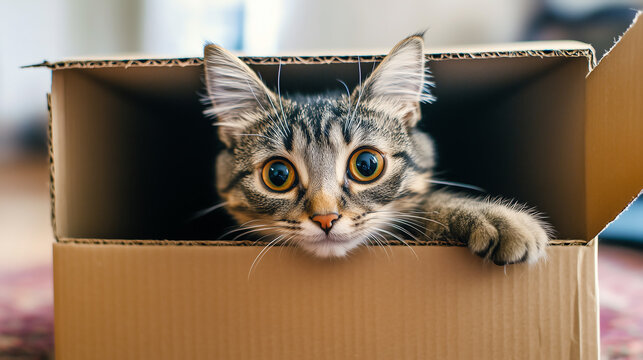 A curious cat peeking out of a cardboard box, showcasing its playful and inquisitive nature.