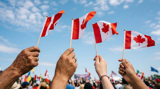 Diverse hands holding small Canadian flags against a blue sky during a public celebration or national holiday