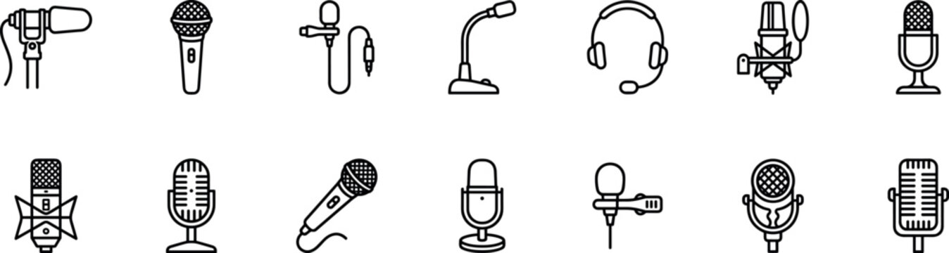 microphone and audio recording line icon set with studio mic headset podcast voice and broadcast equipment symbols isolated on transparent background