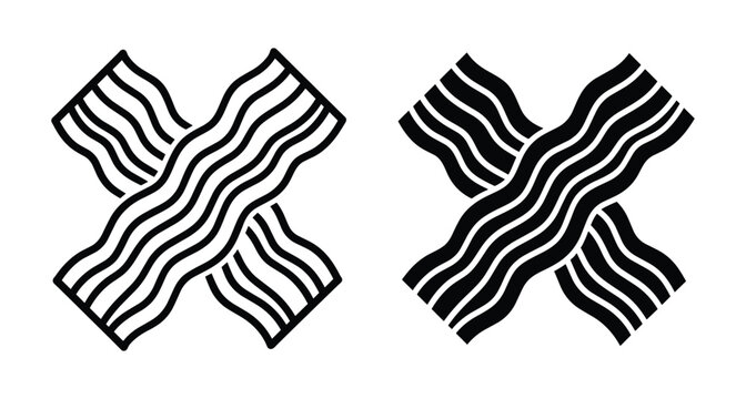 Crossed bacon strips icon set featuring outline and solid black styles for breakfast food menu design and meat product branding