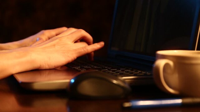 Business woman typing on keyboard the fingers, drinking coffee. Laptop placed on the wooden desk near coffee cup and computer wireless mouse. Closeup series of videos from different angles