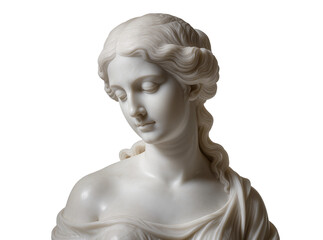 Obraz premium Isolated white marble bust of classical woman with draped garment looking down