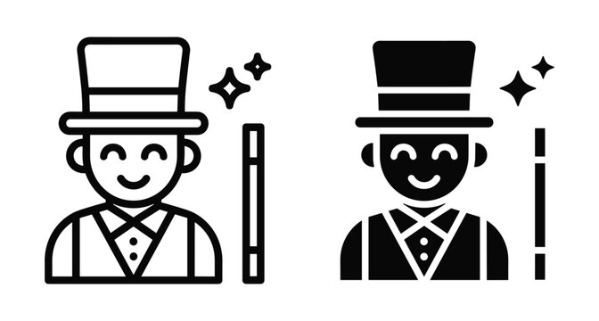 Magician icon set featuring a man wearing a top hat and tuxedo with a magic wand and sparkles in outline and solid styles
