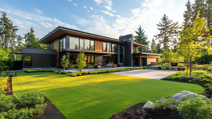 Fototapeta premium A modern house surrounded by lush greenery, showcasing contemporary architectural design and serene landscaping.