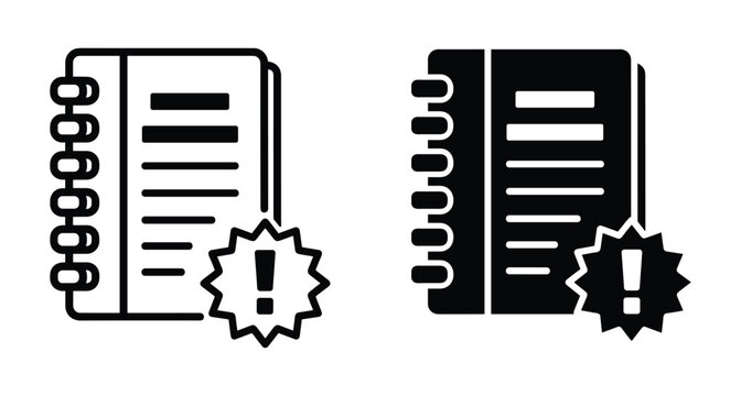Notebook icon with exclamation mark alert symbol for important notes warning message document notification spiral binder report manual guide