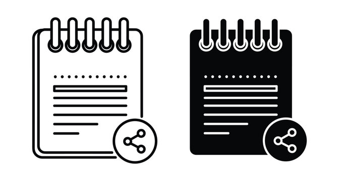Notebook share icon set with spiral binding and document lines for digital note taking social media sharing and communication