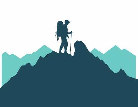 Silhouette of man hiker with backpack on the top of a mountain logo vector image isolated on white background.