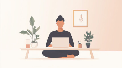 Fototapeta premium A serene workspace with a person meditating while using a laptop, surrounded by indoor plants and minimal decor.
