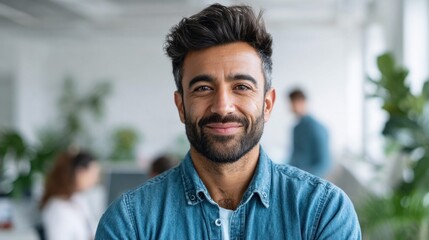 Obraz premium Smiling man with beard in a denim shirt looks directly at the camera in an office setting