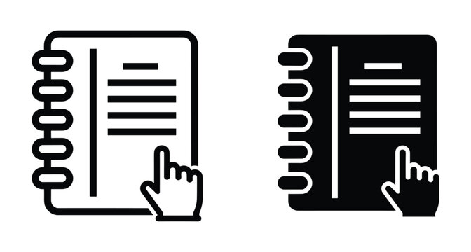 Spiral notebook icon set with hand pointing finger for digital planner diary notes document selection interface design elements black white