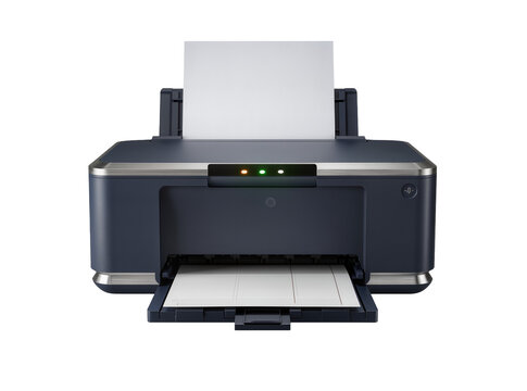 Isolated modern inkjet printer with paper loaded in both input and output trays